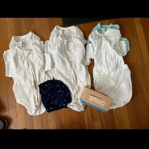 Snoo Sacks Lot of 8 swaddles, sheet, and leg lifters.
